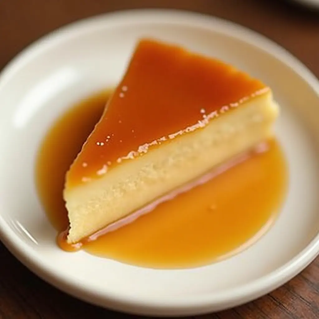 a triangular slice of flan on a white plate. The flan has a smooth, creamy texture and a rich, golden-brown caramelized top. There's a pool of caramel sauce drizzled around the base of the slice, and it looks incredibly appetizing. The flan appears to be perfectly cooked, with a slight jiggle to it. The caramel has a glossy sheen and looks delicious. It's a classic dessert that looks both simple and satisfying.