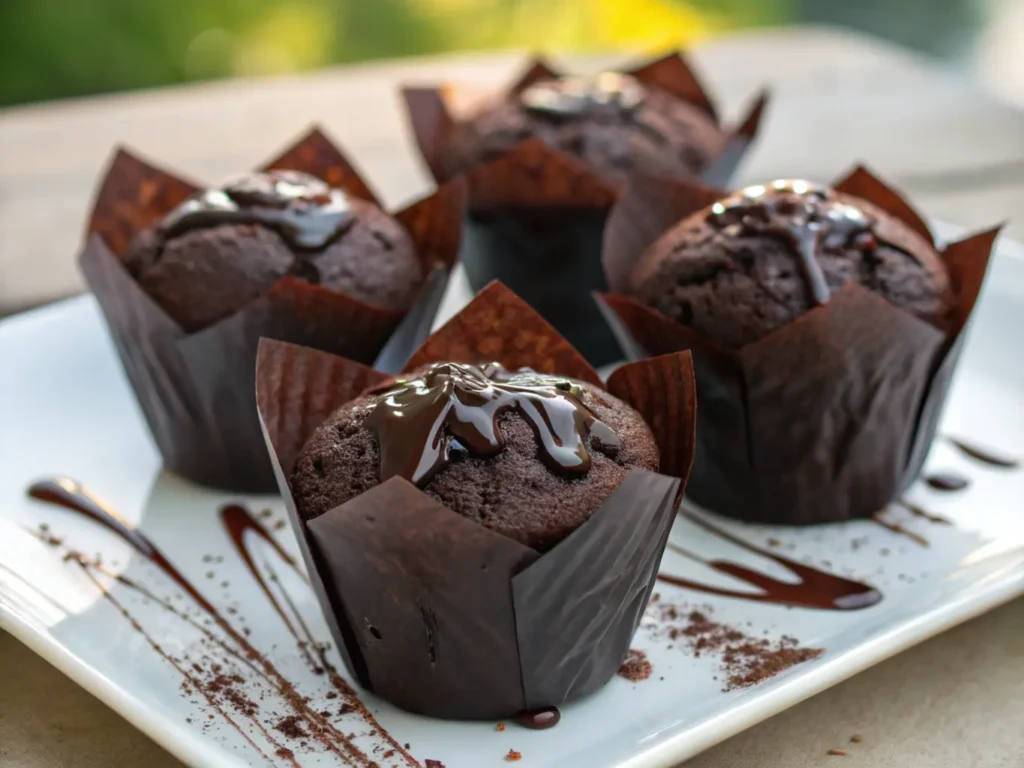 Four dark chocolate muffins with melted chocolate topping, tulip paper liners, on a white plate